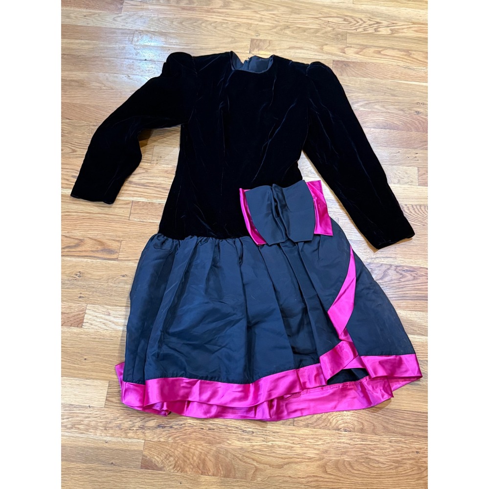 Vintage Zum Zum 80s Black Velvet Pink Taffeta Bow Party Dress Size 9 10 USA Made